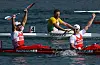 Yury Postrigay et Alexander Dyachenko fêtent leur victoire en finale du K2 200 m aux JO de 2012. Le second a été interdit de JO à Rio par la fédération internationale.